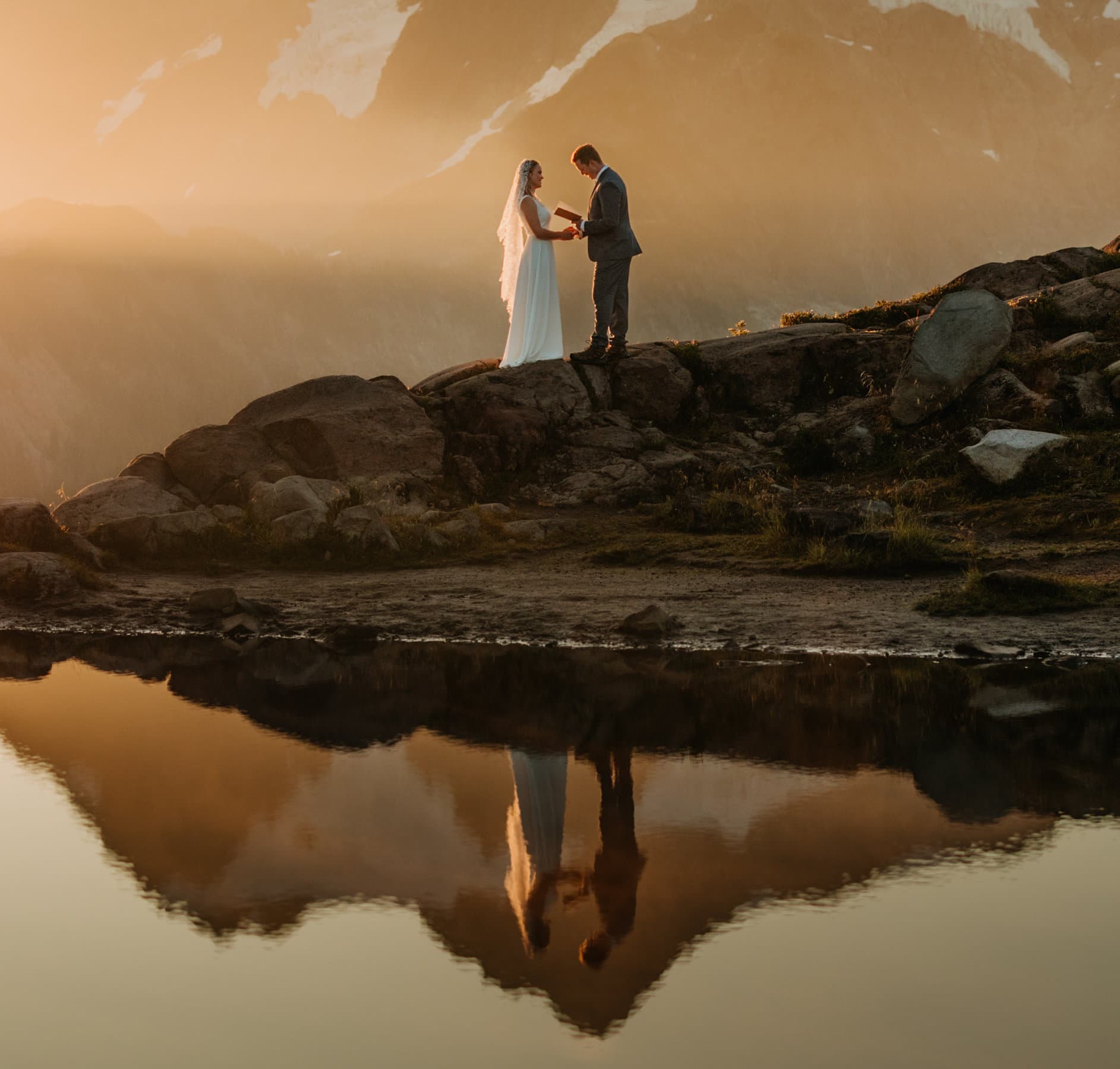 A couple reads vows to each other at sunrise in Washington.