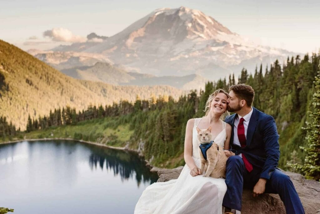 A couple sits in front of a view of mt rainier on their elopement day with their cat.