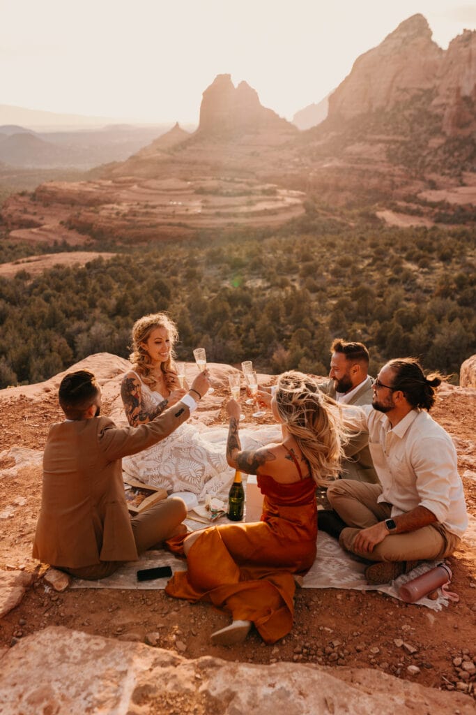 A couple toasts with their eloement guests during a celebrotory picnic.