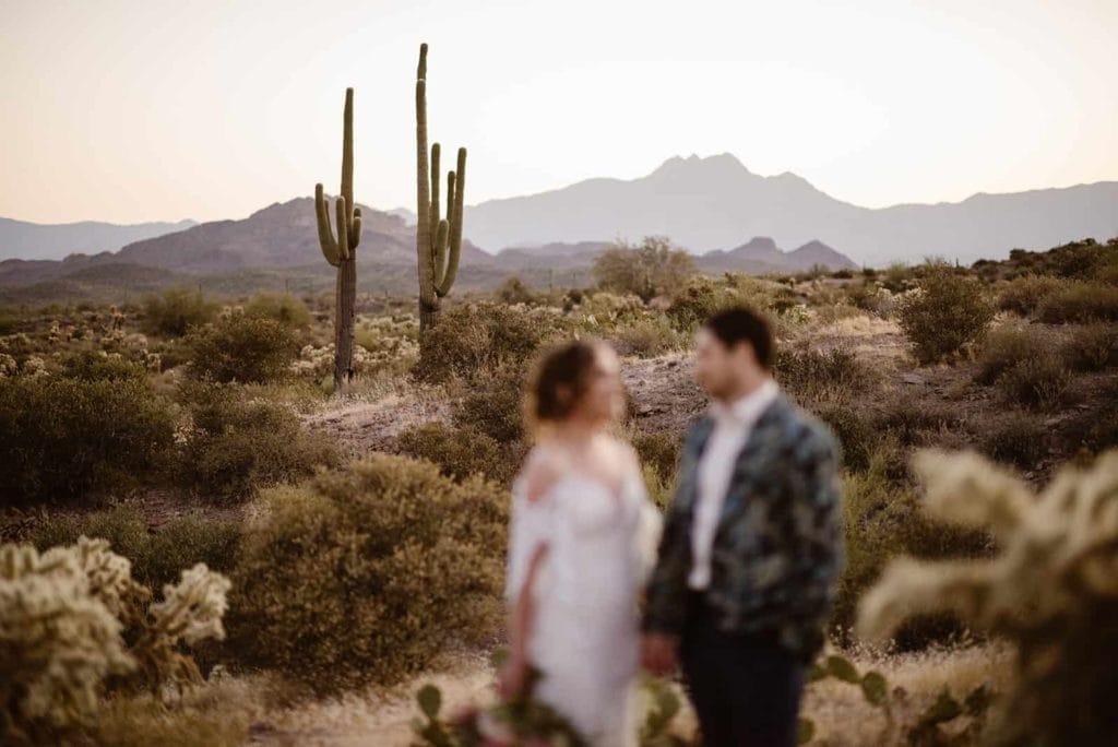 A bride and groom look at each other as the camera focuses on the desert landscape around them.