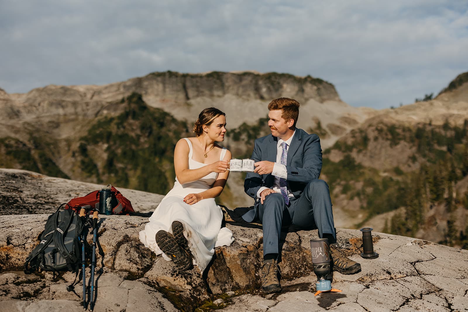 The couple toasts their morning coffee.