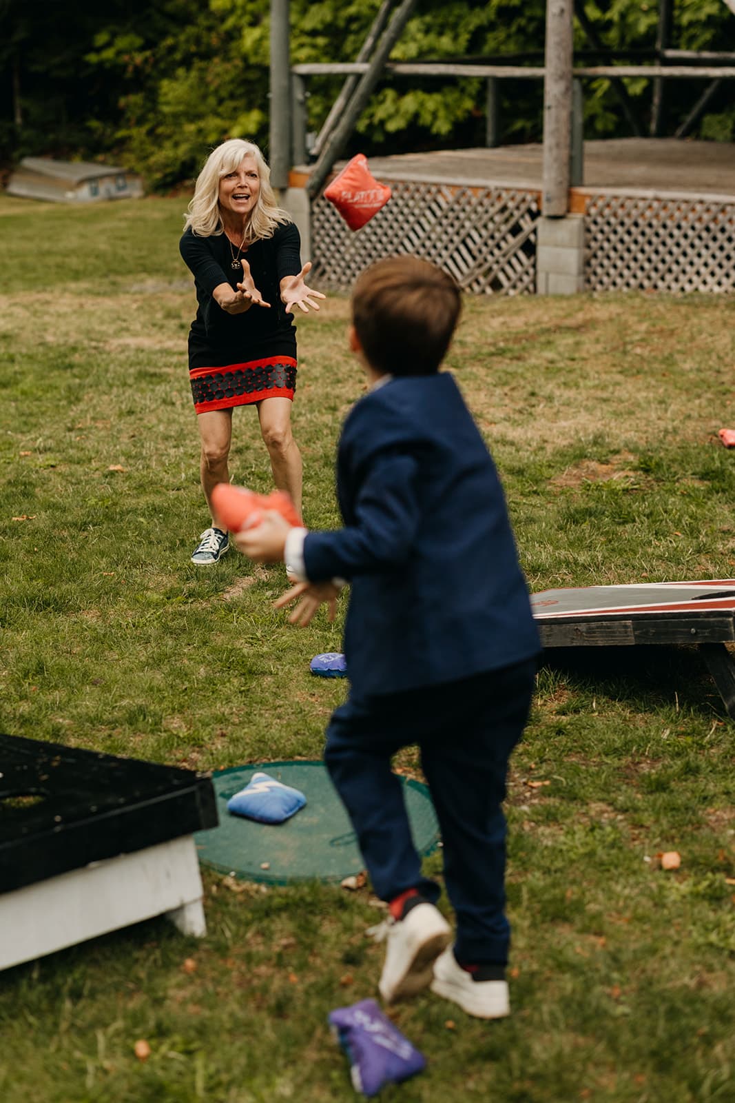 Guests play lawn games at camp.