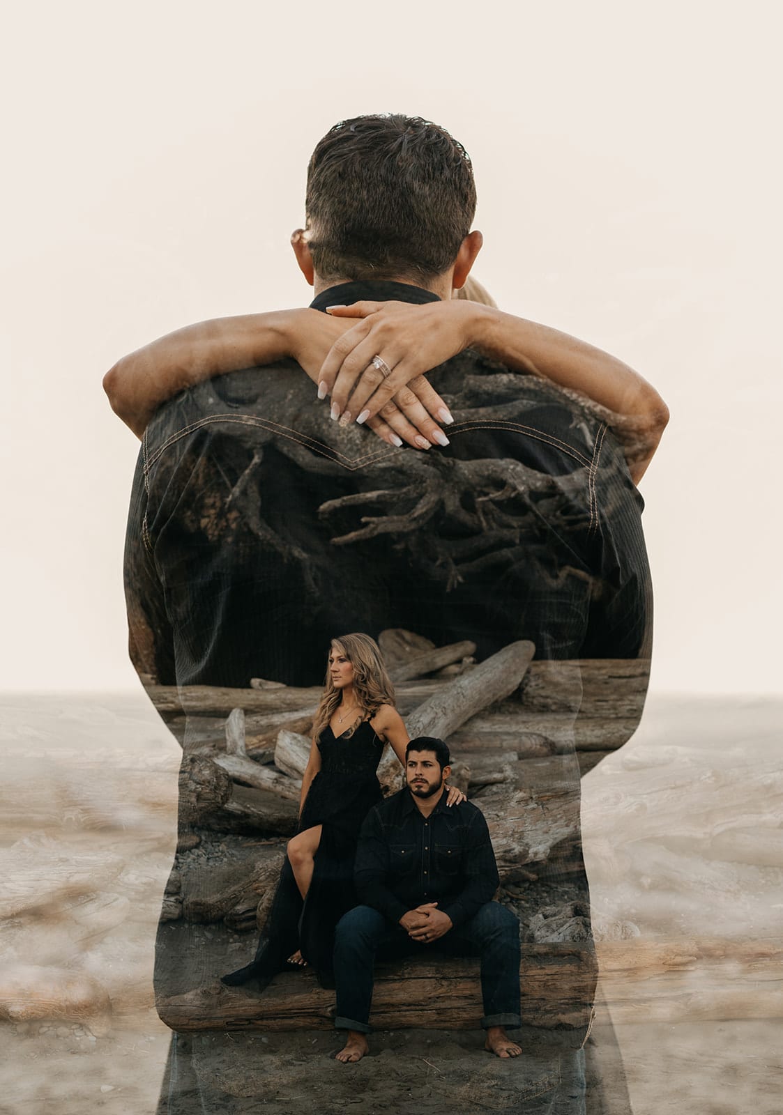 A double exposure of the couple on the beach together.