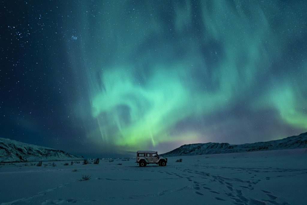 A view of the Northern Lights in Iceland.
