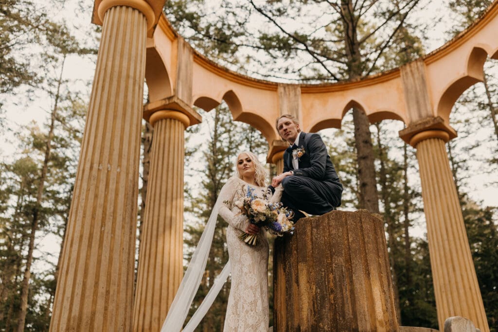 The couple poses for a moody portrait near Roche Harbor.