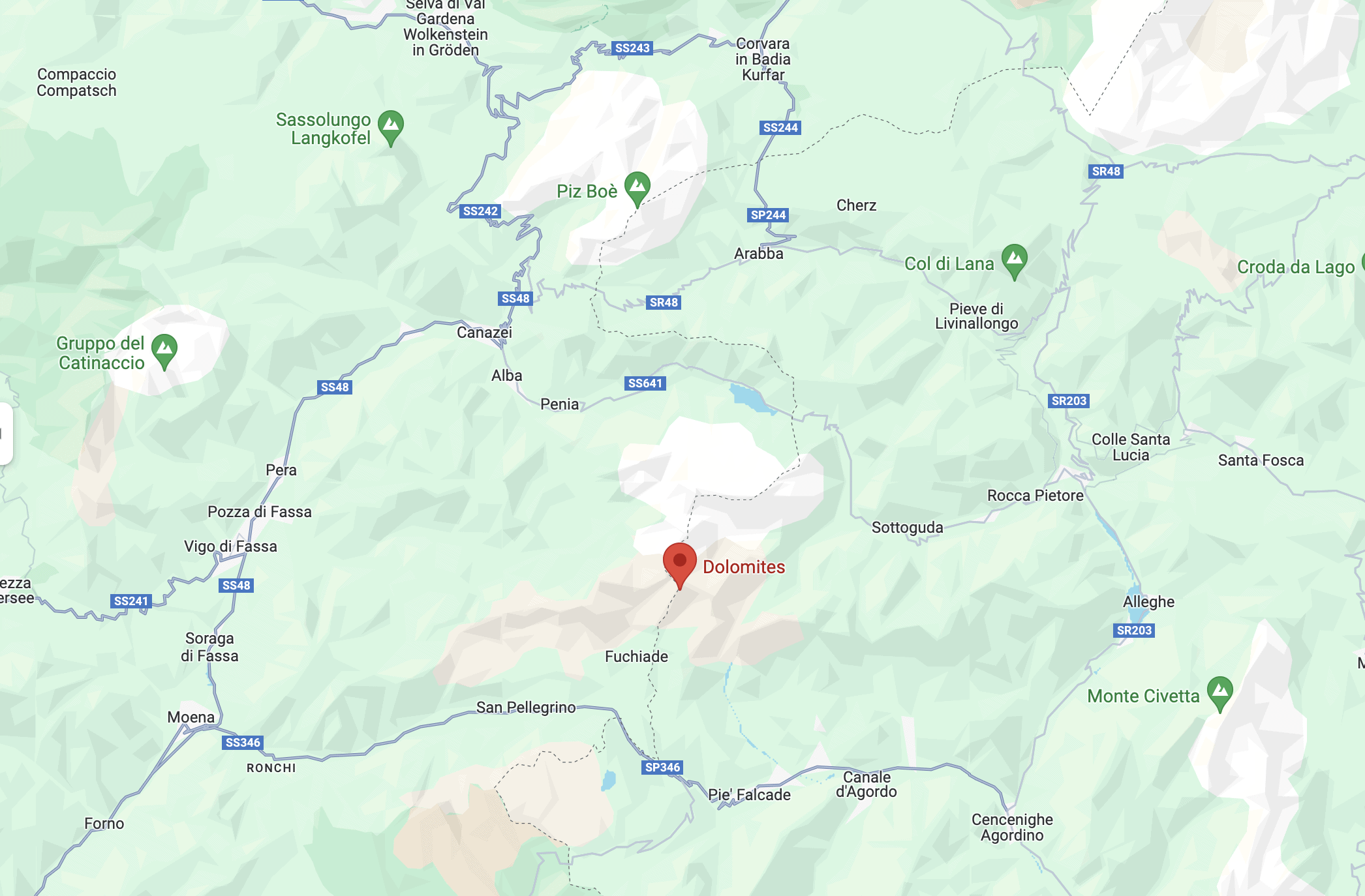 A Google Maps view of where the Dolomites are.